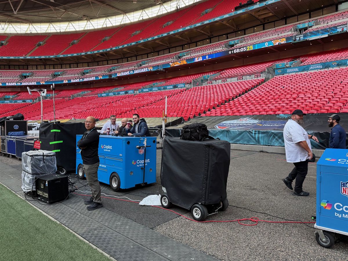 Field-level equipment at Wembley Stadium before a 2025 game